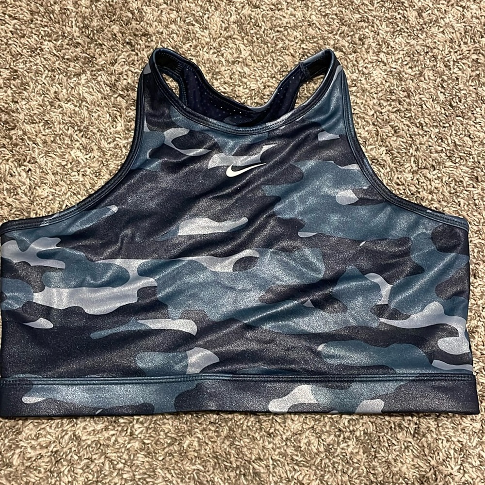 Nike shimmery blue camo high neck sports bra with mesh back, worn once.